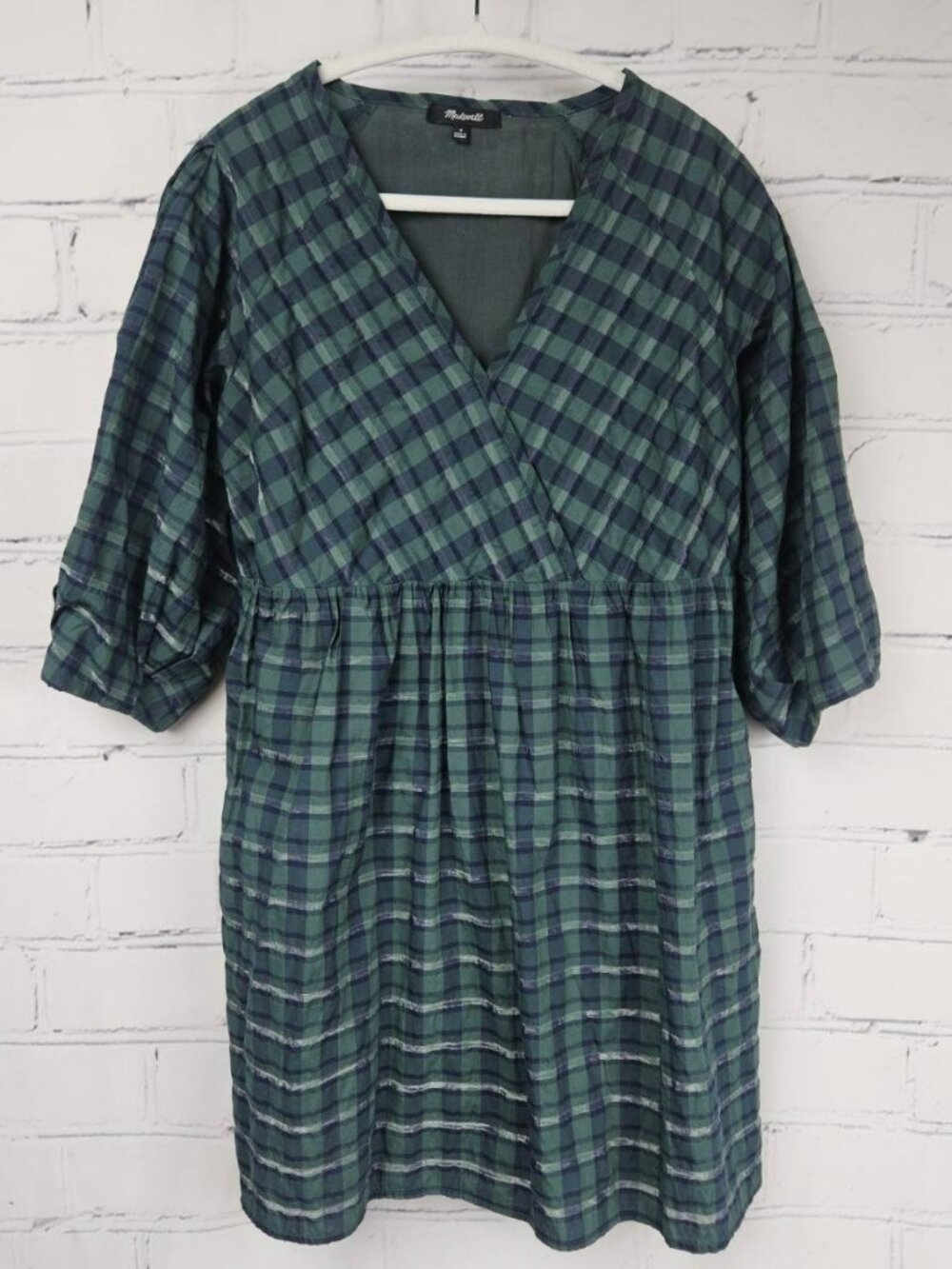 Madewell Green Navy Plaid Wrap Dress Womens S Puff Balloon Sleeve Mini Babydoll